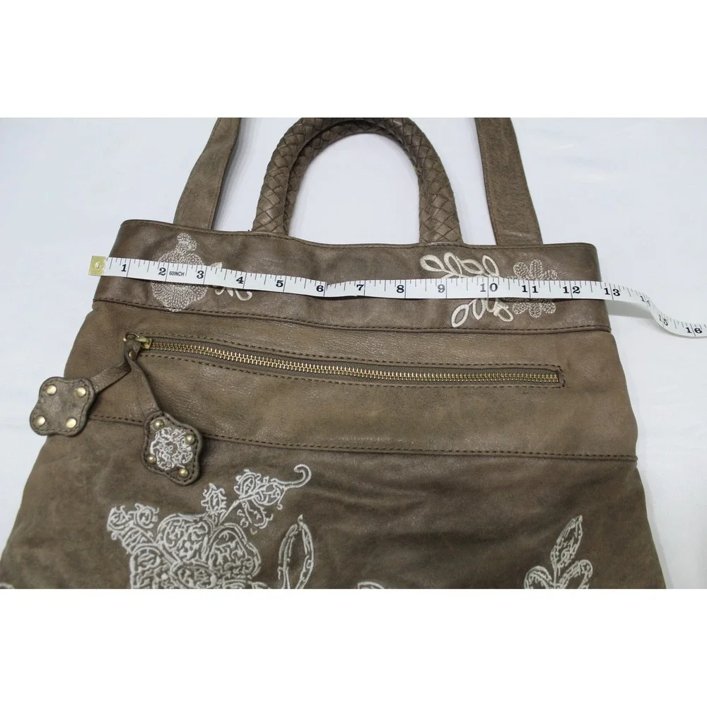 Isabella Fiore Brown Leather Embroidered Floral Tote Crossbody Bag Boho Brass
